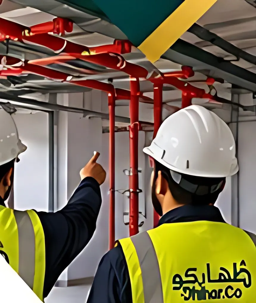 Dhihar.Co engineers inspecting red fire sprinkler piping