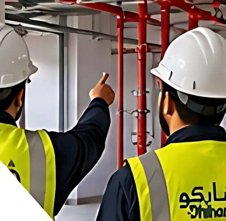 Dhihar.Co engineers inspecting ceiling fire piping