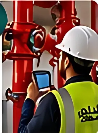 Engineer inspecting a fire valve with a tablet
