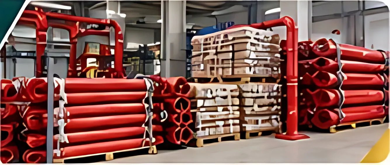Red fire protection pipes and materials stored in a warehouse