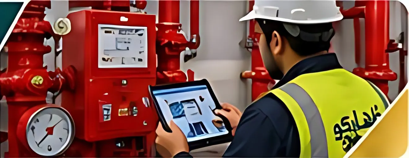 Engineer testing a fire pump controller with a tablet