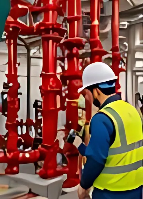 Technician installing equipment in a fire pump room