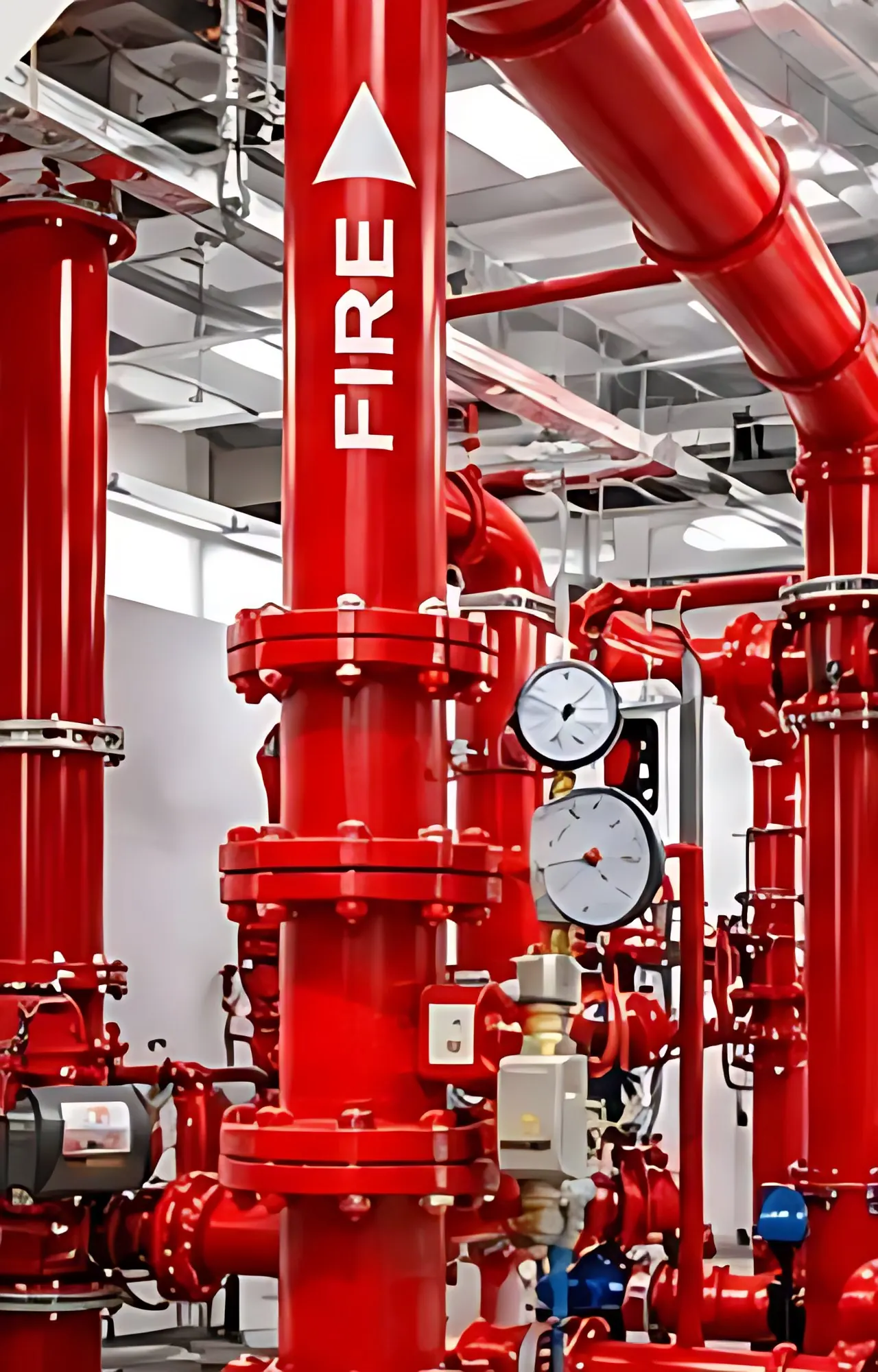 Fire pump room with red piping and pressure gauges