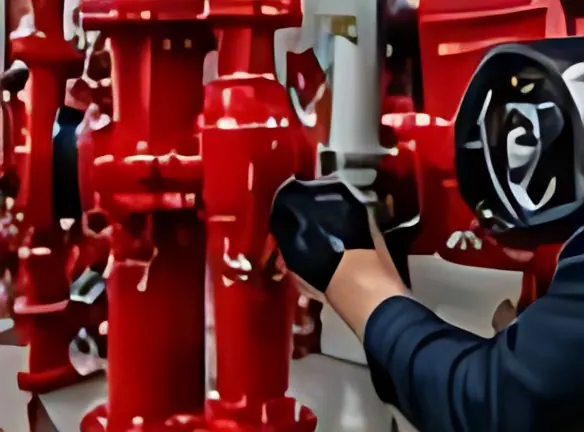 Technician maintaining a valve on red fire protection piping