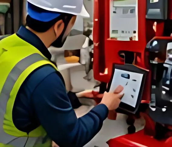 Engineer testing a fire protection system with a tablet