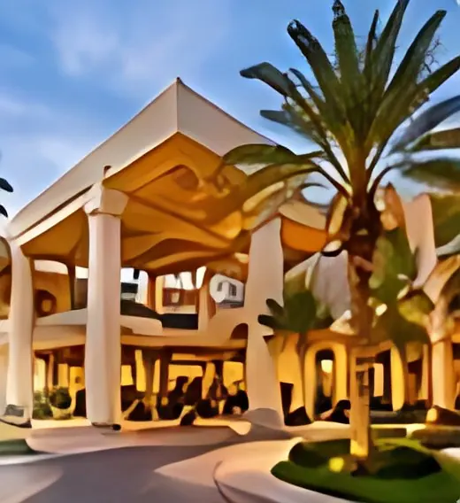 Hotel entrance at dusk