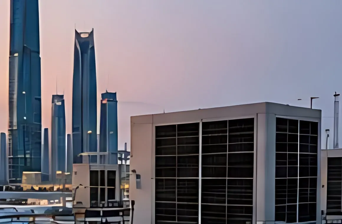 Rooftop HVAC units with city towers behind