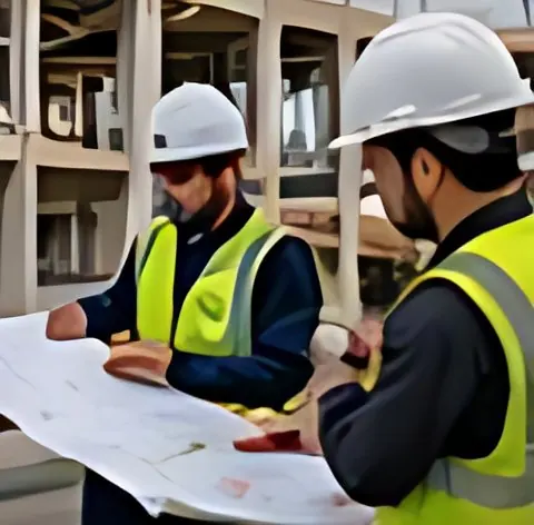Two site engineers reviewing drawings on a building site