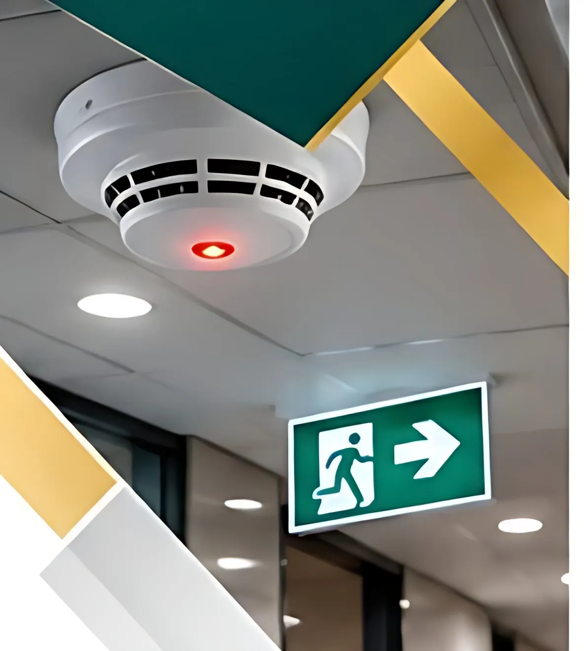 Smoke detector and exit sign in a building corridor