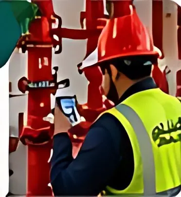 Technician in a red helmet working on fire piping