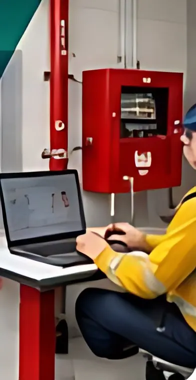 Technician testing a fire alarm panel